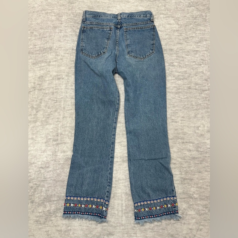 Vintage Embroidered Hem Jeans Y2K Boho Floral Detail Straight Leg Denim